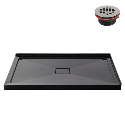 Base de douche 60 po x 36 po en acrylique noir brillant avec drain central, drain inclus