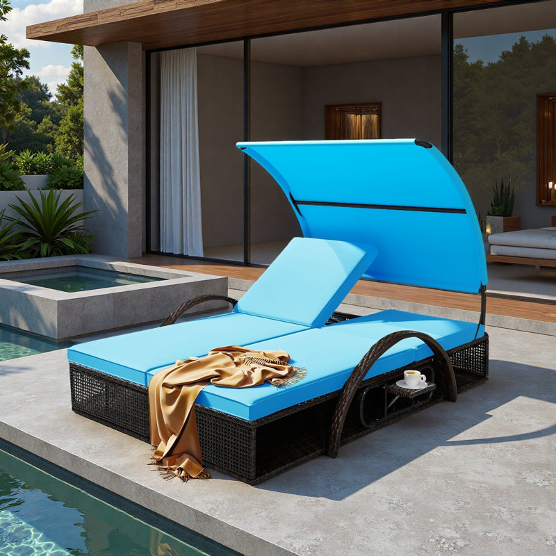 Outdoor Steel Frame Sun Lounger With Curved Sun Canopy, Adjustable Backrest, Hidden Side Table And Arched Armrests, Blue