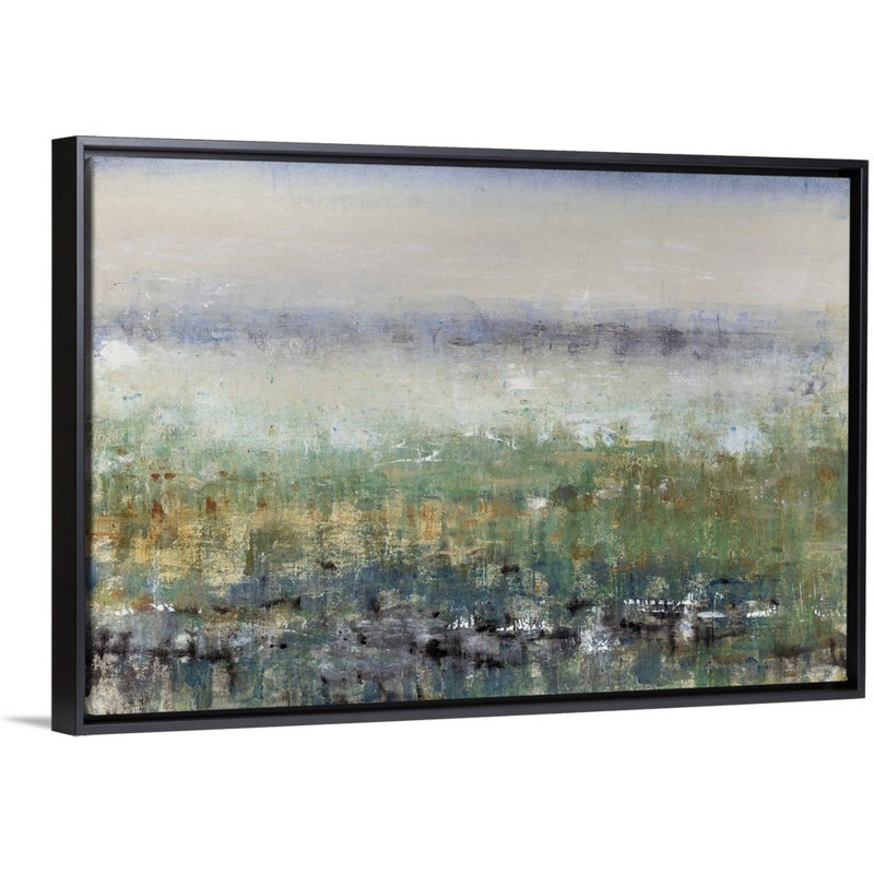 «Mist in the Field», peinture sur toile, H 13,7 po x l 19,7 po x p 1,75 po, Cadre flottant noir