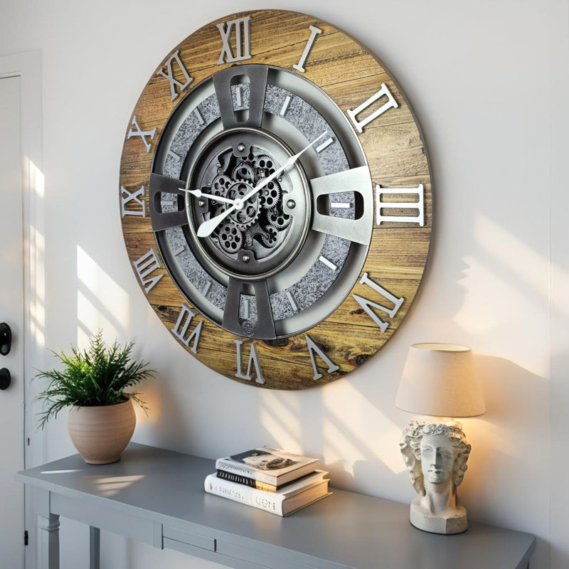 Wall Clock 24" Oversized for Living Room decor with Real Moving Gears England Collection, Wood Stone