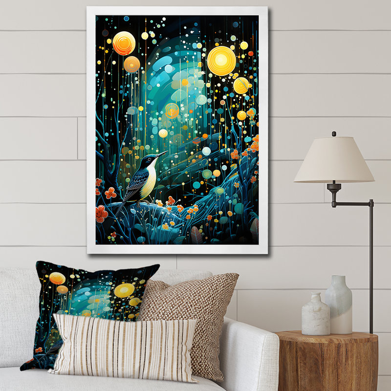 Fleur, sérénité, bois, nuit étoilée, oiseau, art mural, Cadre simple blanc, H 20 po x l 12 po x P 1 po