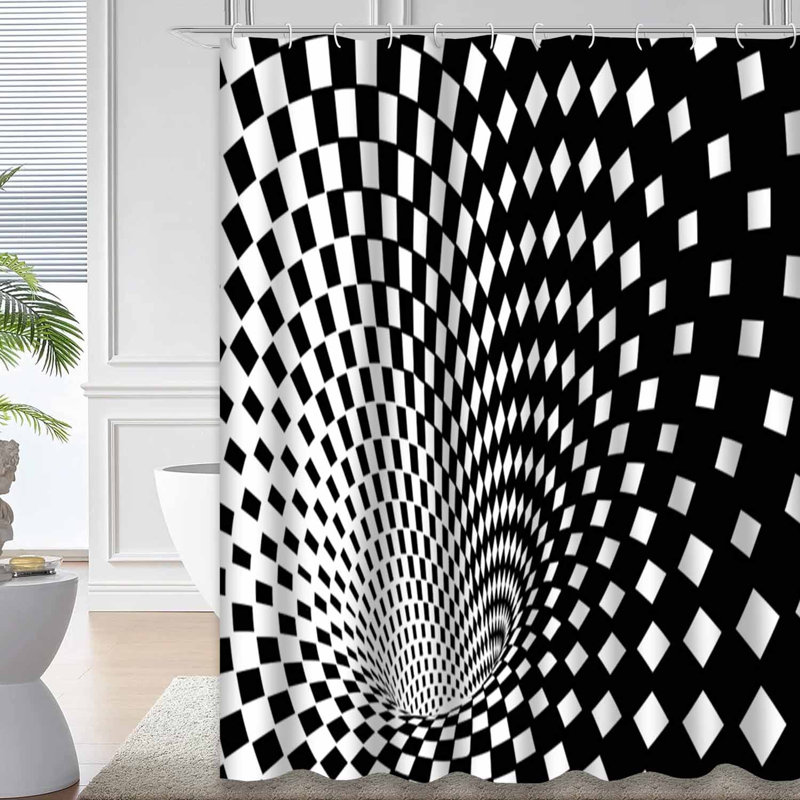 Rideau de douche géométrique noir et blanc avec 12 crochets, L 72 po x l 84 po