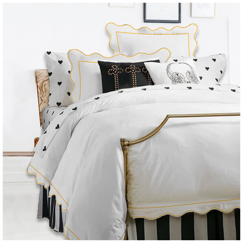 400TC Cotton Scallop Embroidery & Border Sateen Solid Duvet Cover Set, California King/King Duvet Cover, White/Gold