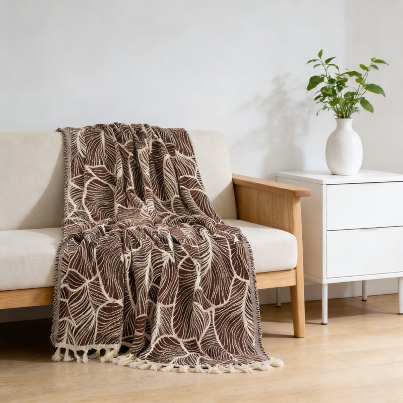 Jeté réversible en chenille et coton, couverture décorative tissée légère pour canapé, lit, canapé et utilisation extérieure avec bordure à pampilles