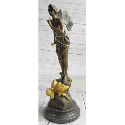 Nude Fairy Girl Smelling Rose Flower Bronze Figure Figurine Sculpture Statue Marble Base  Gold Patina 17 Inches