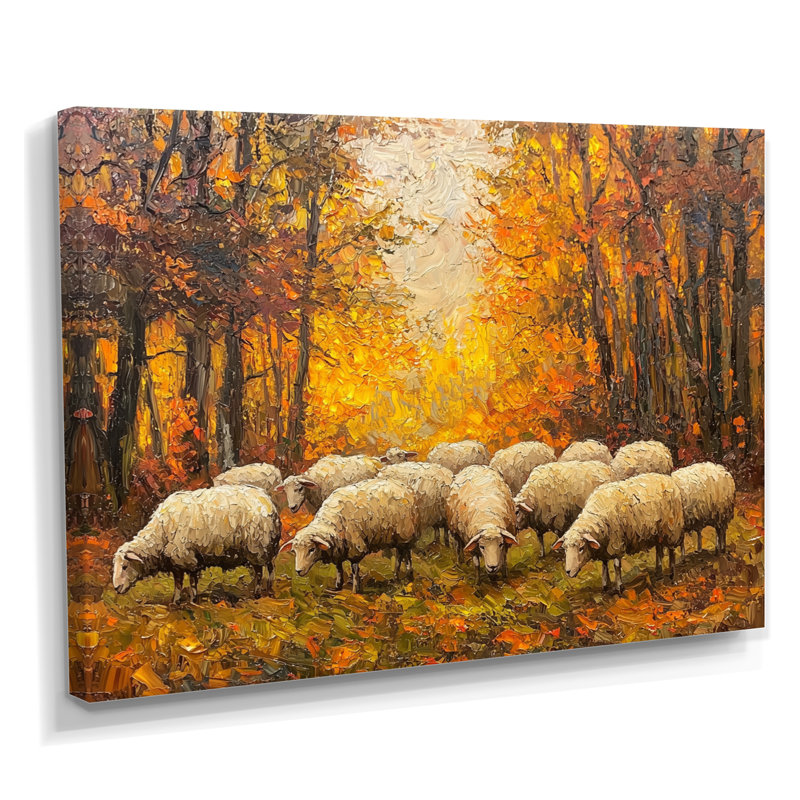 Durasoff, automne, pâture de famille de moutons - Art mural, H 12 po x l 20 po, Toile tendue, Ne s’applique pas