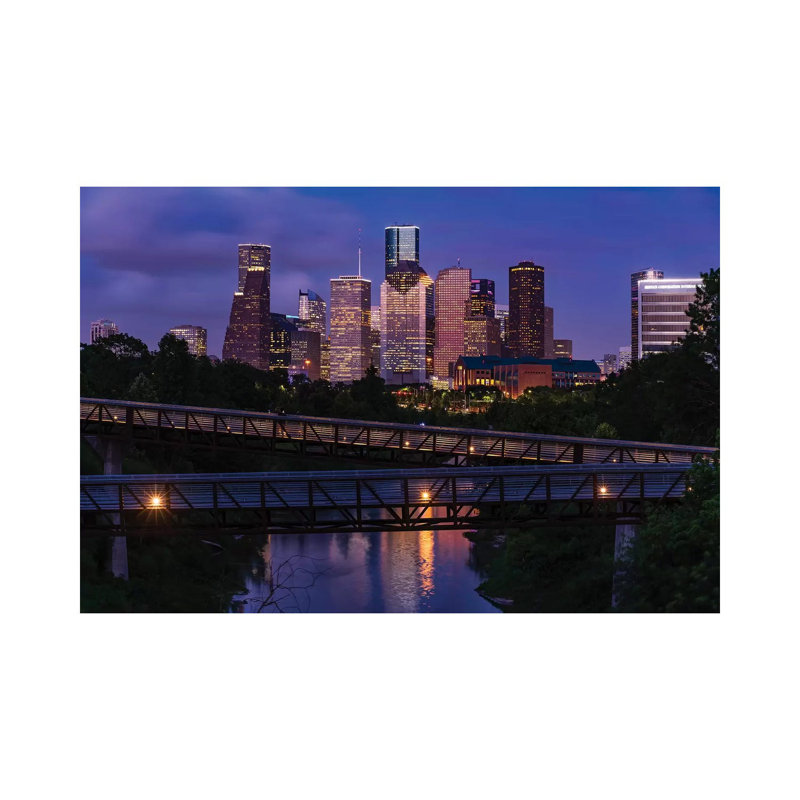 Elevated Walkway Over Buffalo Bayou At Night With Downtown Skyline In Background, Houston, Texas, USA 1 Piece Wrapped Canvas Wall Art