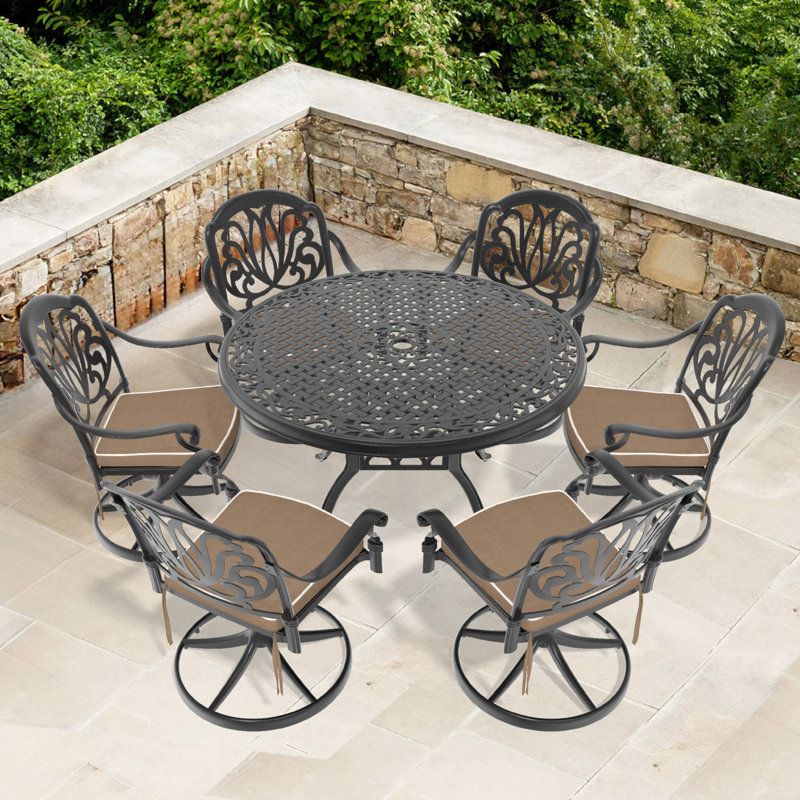 Ensemble de salle à manger toutes saisons en fonte d'aluminium, avec chaises pivotantes et table ronde de 47,24 po avec cadre noir