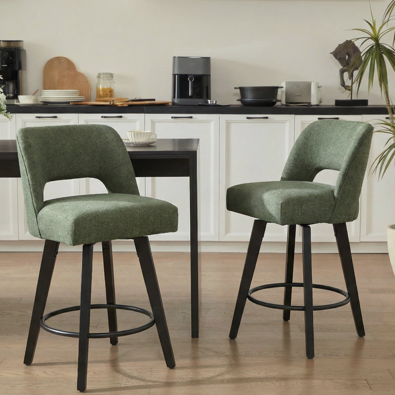 360° Swivel Counter Bar Stool (Set of 2), Black Footrest - Sage Green