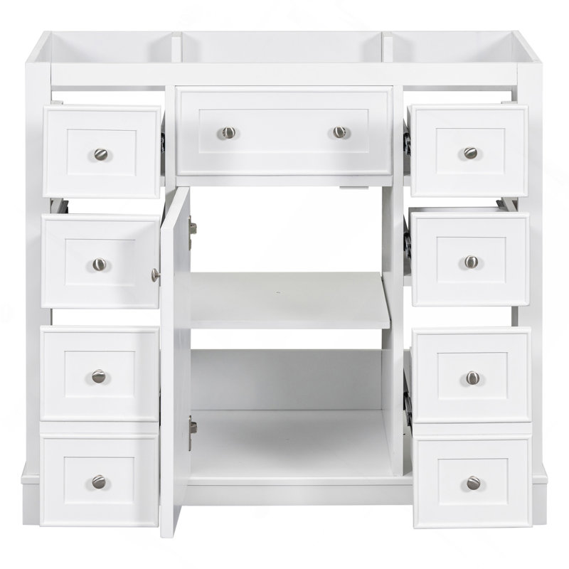 Meuble-lavabo 36 po sans lavabo, base d'armoire seulement, une armoire et six tiroirs, White