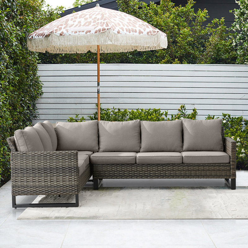 Naresa Wide Outdoor Wicker Patio Sectional with Cushions, Gray