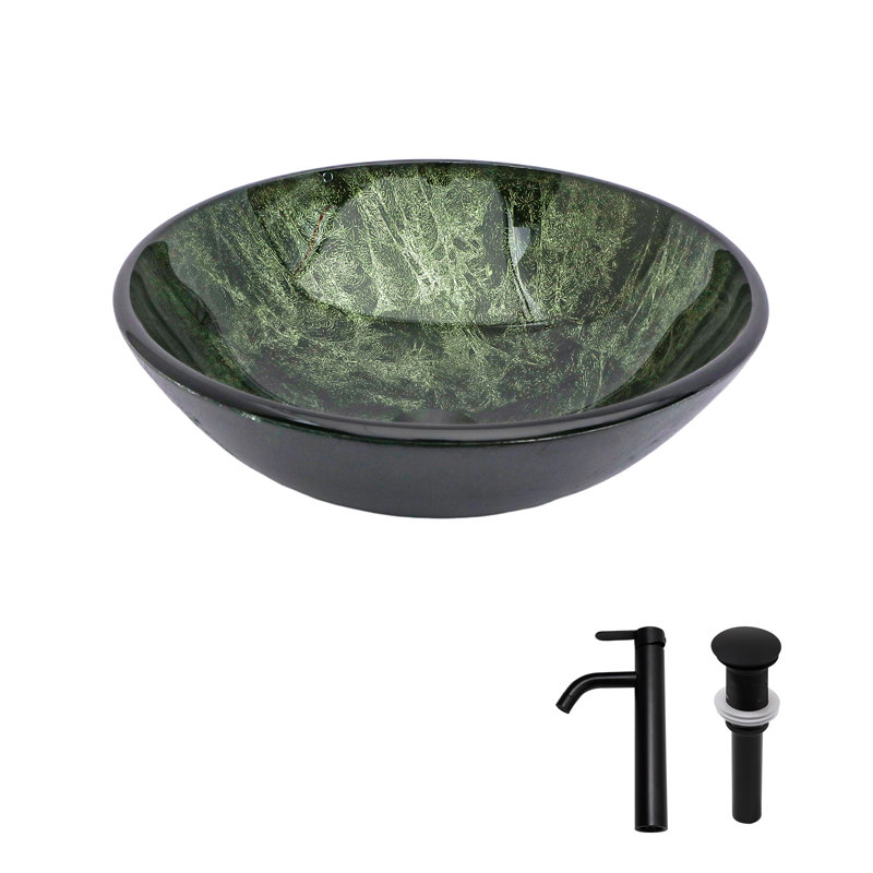 Artistic Tempered Glass Vessel Bathroom Sink With Black Faucet And Pop-Up Drain, Elegant Green Marble Texture | Gift Idea