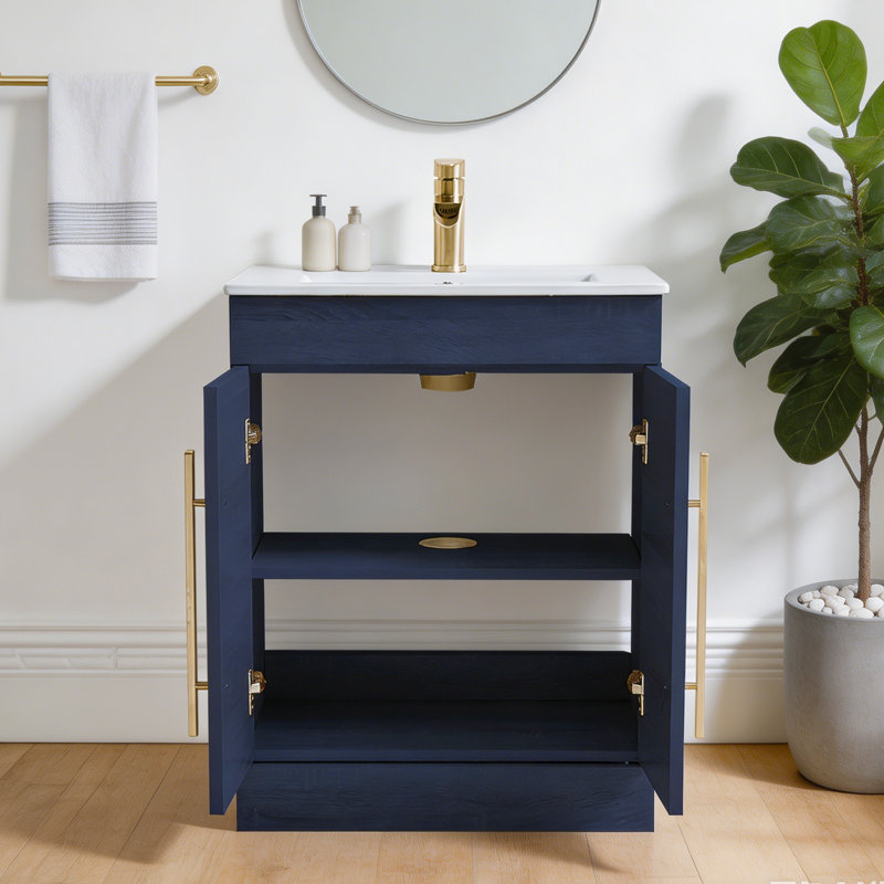 24'' Modern Free-Standing 2-Doors Single Bathroom Vanity With Ceramic Top, Brushed Gold, Navy
