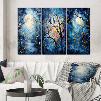 " Blue White Tree Moonlit Silhouette " 3 - Pieces