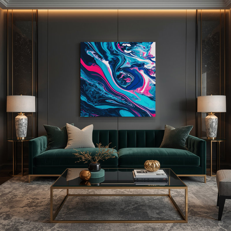 Abstrait art fluide sur toile bleue 44, H 12 po x l 12 po