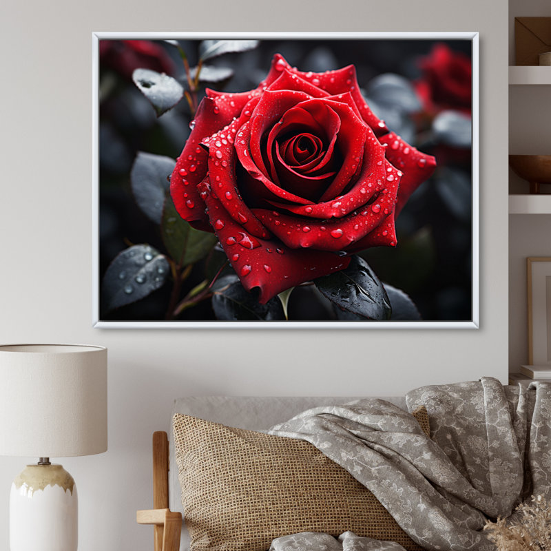 «Atthew Water Drops on Red Rose Majesty II», reproduction, 24" H x 32" W, Cadre flottant blanc