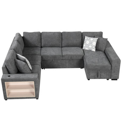 Grey U-Shaped With Pull-Out Bed, 2 Ports, Storage Chaise, Wide , 109" Classic Living Room