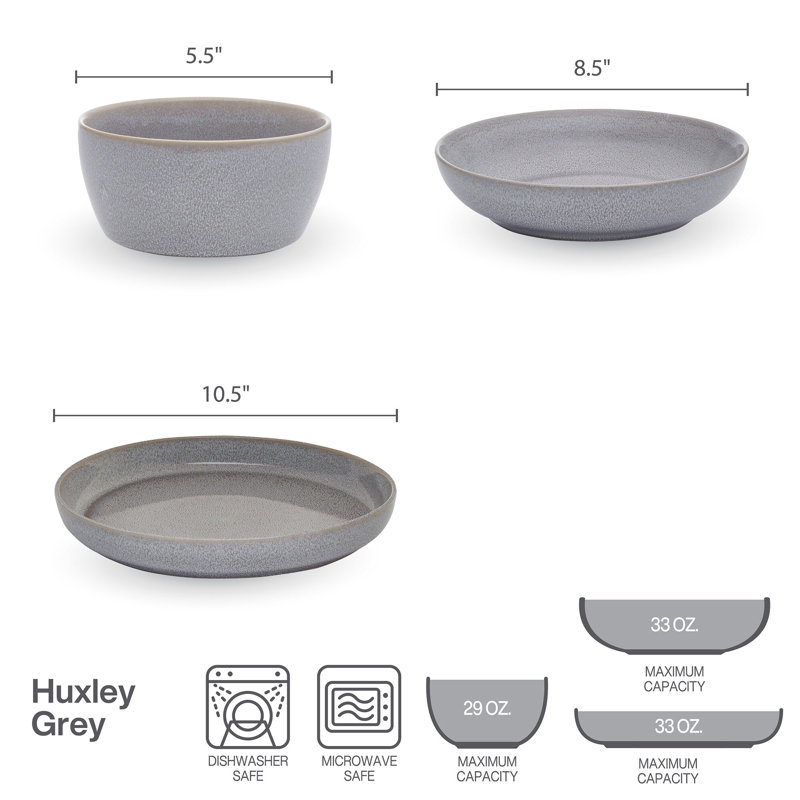 Huxley 9-Piece Dinnerware Bowl Set, Service For 3, Gray