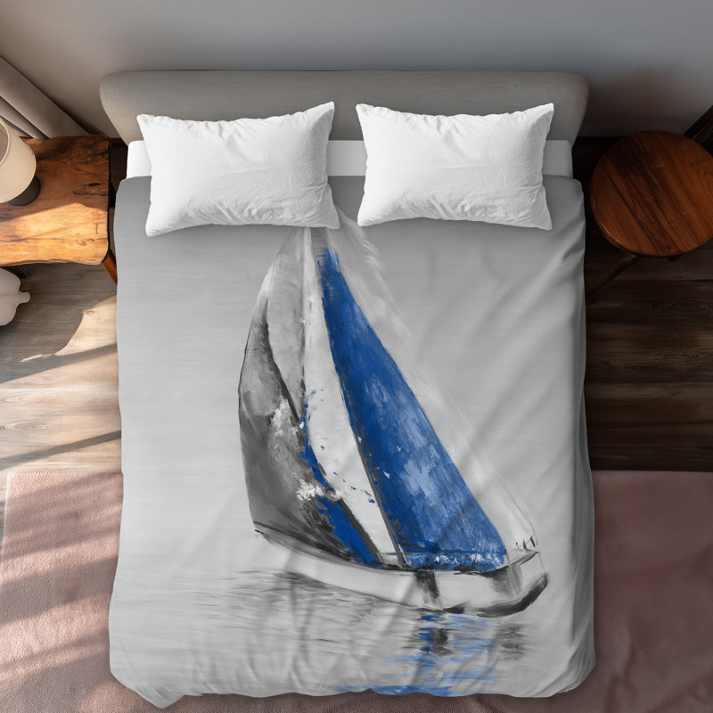 Gray and Blue Boat Sailing Duvet Cover | Marine Classic Decor
