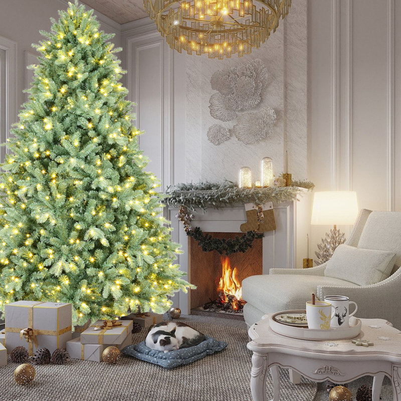 Arbre de Noël de 7 pi en bleu, 700 lumières à DEL blanc chaud, 2518 pointes en PE +, branches à charnières pour un assemblage rapide, base en métal stable, saison des Fêtes, bleu, avec support pour fêtes