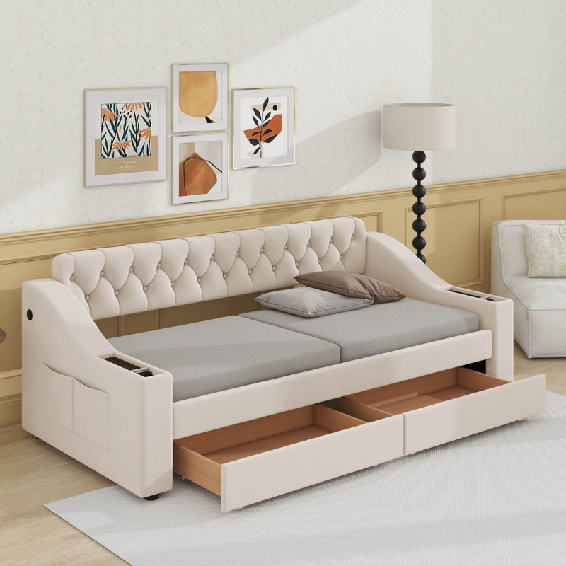 Twin Size Upholstered Daybed With Storage Armrests And USB Port, Beige