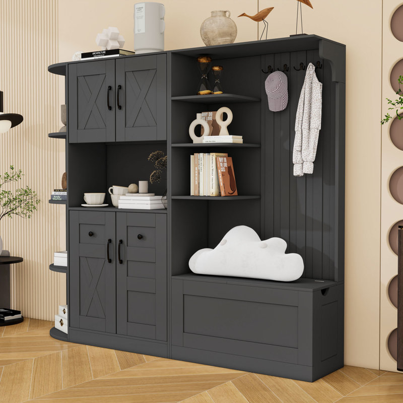 Armoire d'entrée avec tablettes et 4 crochets, Noir