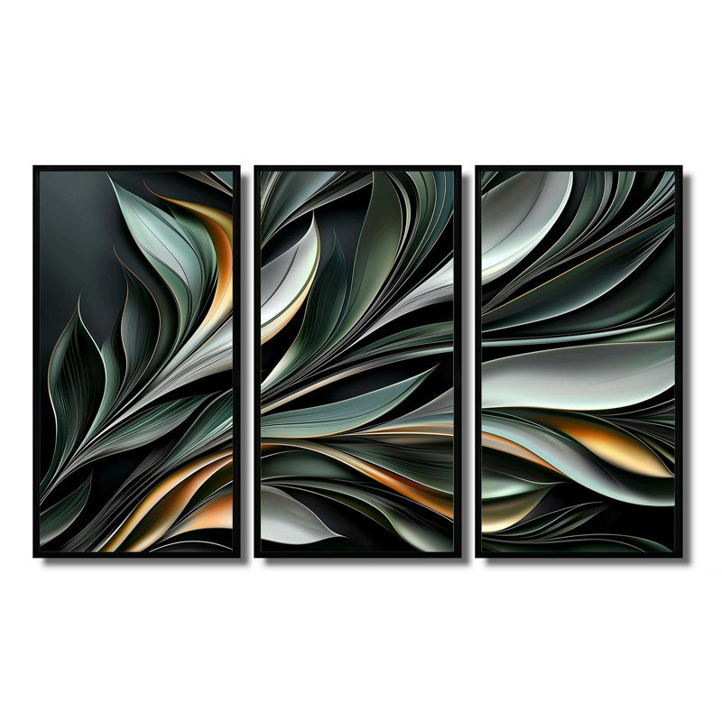 Whispers of Spring of Black Botanicals I - Abstract Botanicals, ensemble d'art mural, Reproduction avec cadre flottant, Noir