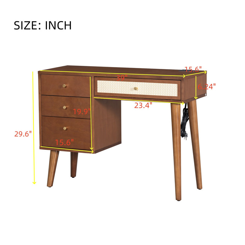 Retro Bohemian Style Wooden Makeup Vanity Set with Charging Plug&USB Port and Stool, Dressing Table with Storage Drawers
