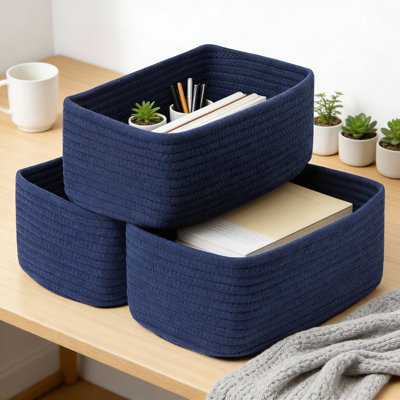 Ensemble de 3 paniers de rangement en coton tissé, paniers de rangement faits à la main pour placard, tablette, bureau et chambre de bébé, paniers rectangulaires décoratifs pour l'organisation à la maison