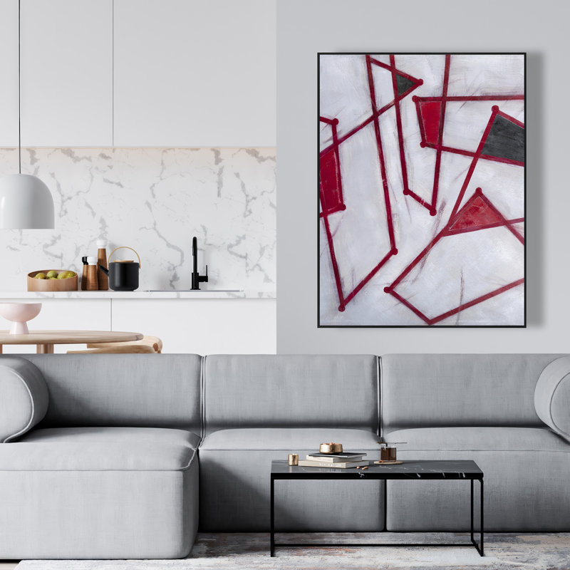 «Red Outline Shapes», art sur toile encadré noir contemporain
