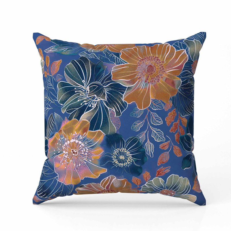 Coussin Painted Petalscape, Carré 16 po, Bleu / Blanc / Orange
