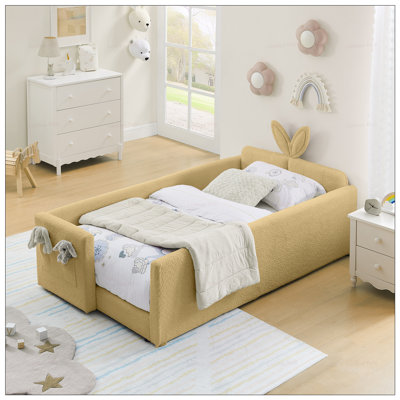 Twin Size Upholstered Platform Bed with Rabbit Ear Headboard, Safety Rail, and Dual-Drawer Storage, Boucle Fabric