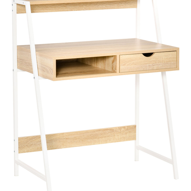 Bureau d'ordinateur pour bureau à domicile, fini bois naturel, tiroir, étagères de rangement, profondeur de 80 cm, structure stable en bois pour petits espaces, tiroir et étagère.