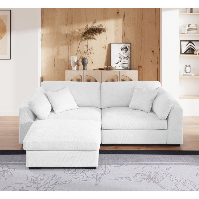 Upholstered Deep Seat Sofa with Ottoman, White Polyester