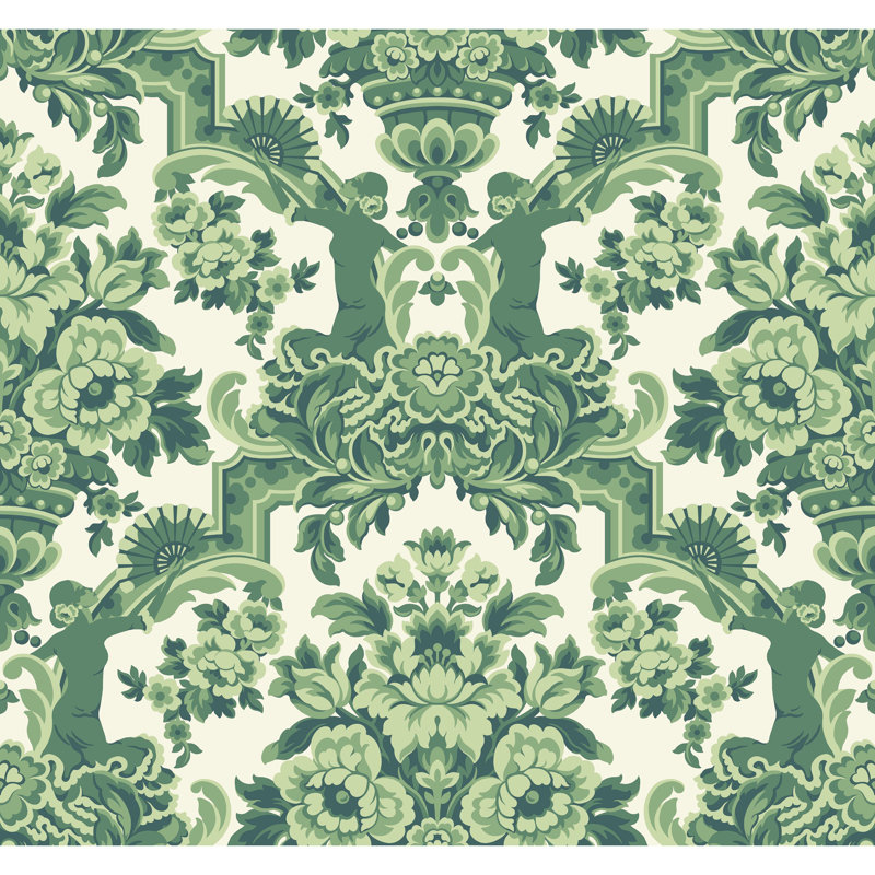 Lola Damask Wallpaper Roll, Forest Green/White