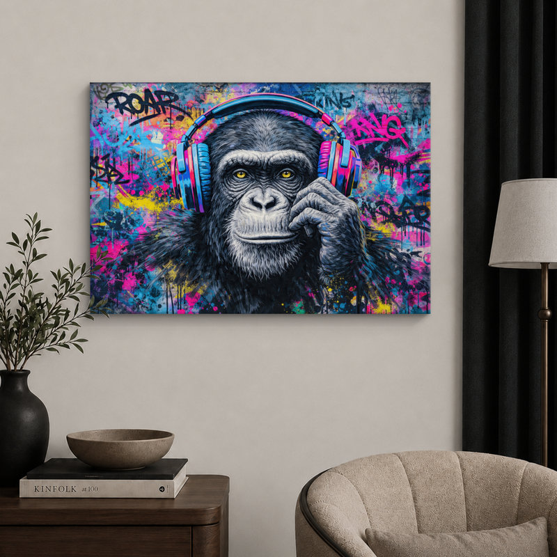 Chimpanzé, casque d'écoute, graffiti, H 32 po x l 48 po x P 1,5 po, Toile tendue