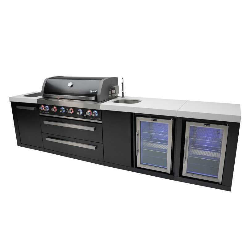 Mont Alpi 6-Burner Black Stainless Steel Outdoor BBQ Island Grill + Beverage Center + Fridge Cabinet