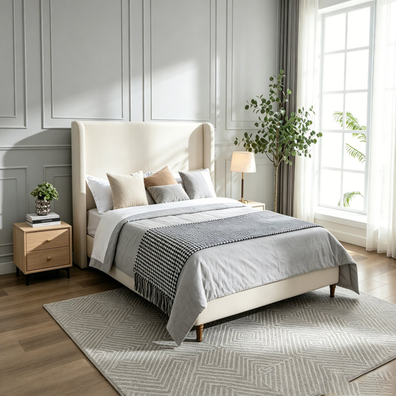 Grand lit tapissier Harper, Très grand, Beige