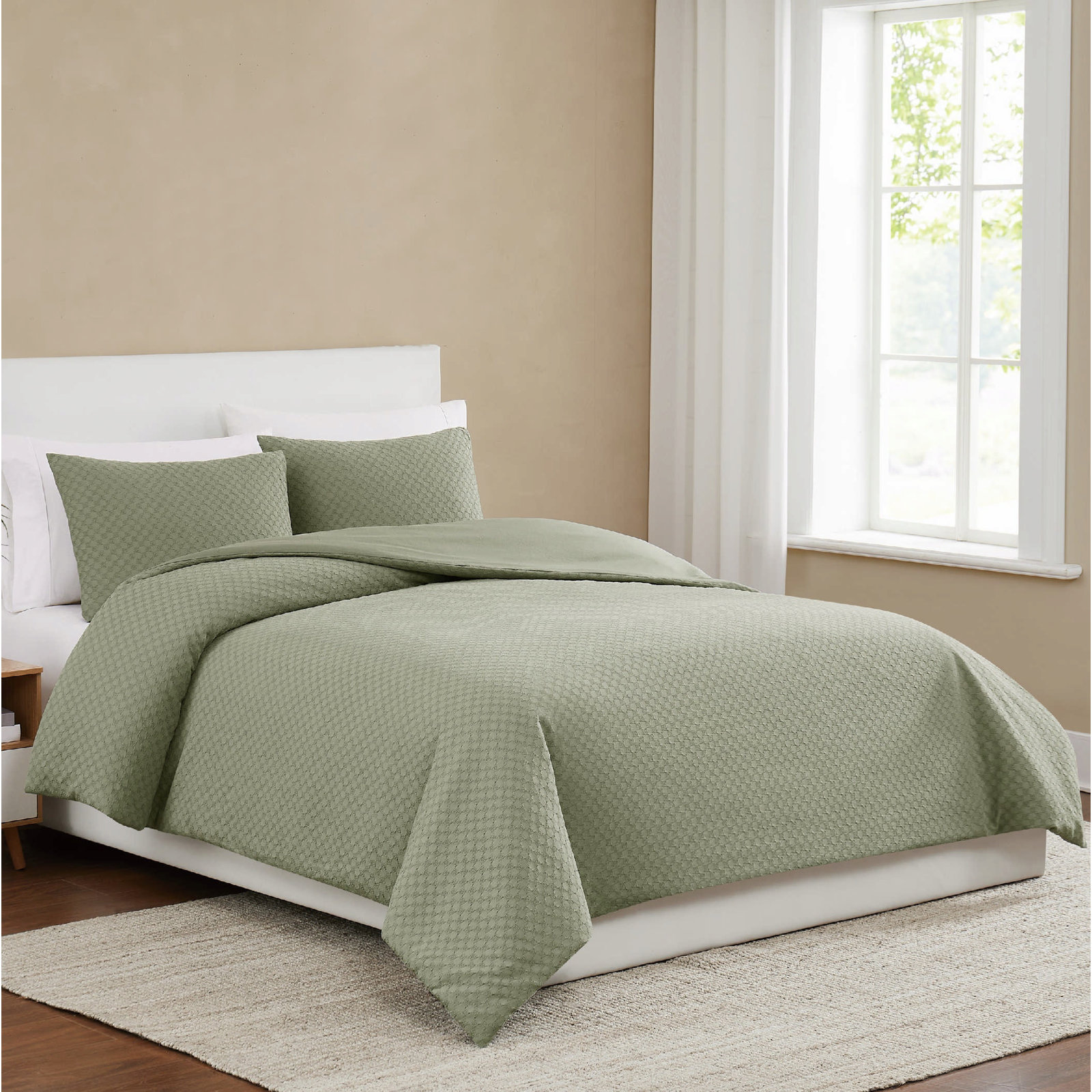  Woven Texture Cream, Twin XL Comforter + 1 Standard Pillow Sham, Green