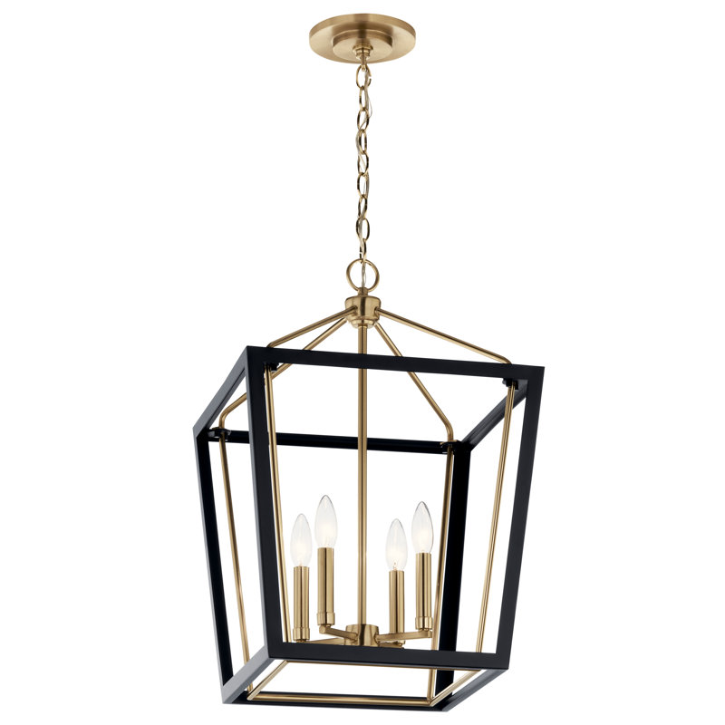 Luminaire suspendu de style lanterne à 4 lumières Delvin, H 24 po x l 16 po x P 16 po, Noir / bronze champagne