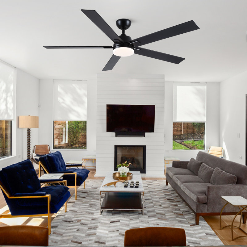 Élégant ventilateur de plafond à fixation verticale avec lumière DEL, moteur réversible et télécommande, Noir mat, Noir mat