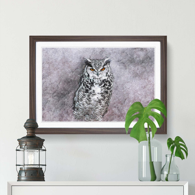 Horned Owl in Pink & Lilac in Abstract - Picture Frame Painting Print on MDF, 48cm H x 65cm W x 2cm D, Walnut Framed