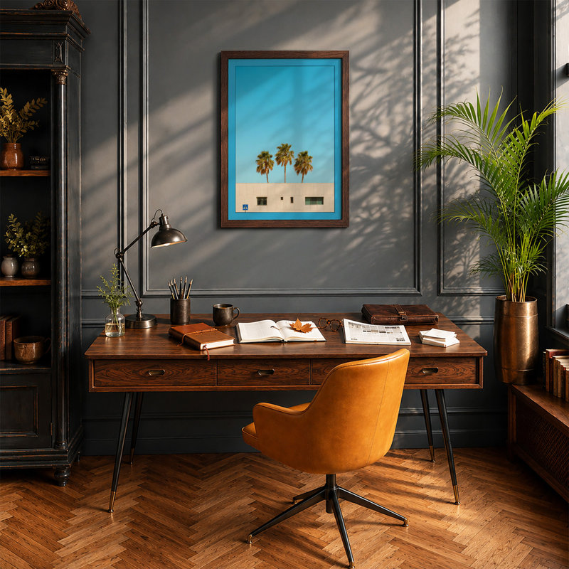 Palms And Architecture Minimalist - Print, A2 - 59.4 x 42.0 cm, Walnut
