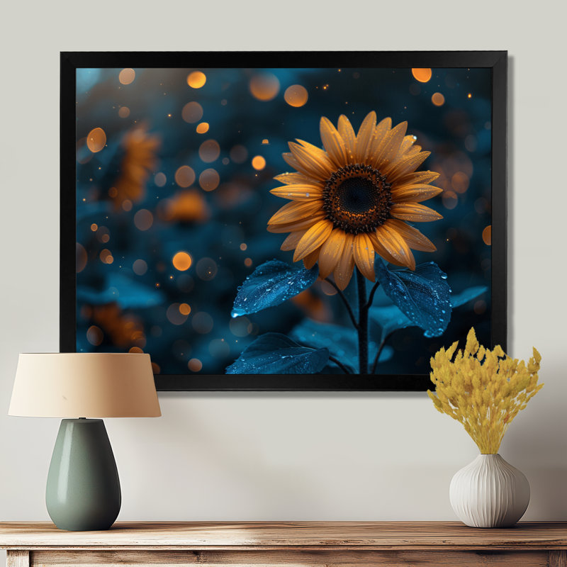 Décoration murale tournesol jaune bleu Nocture Nirvana, H 34 po x l 44 po x P 1,5 po, Toile encadrée noire simple