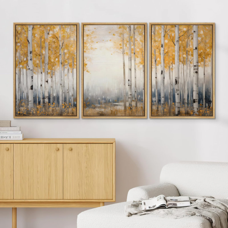 Birch Tree " Autumn Whisper Golden Aspens Seasonal Forest Landscape Illustration Rustic Artwork Ultra " 3 - Pieces, Naturel