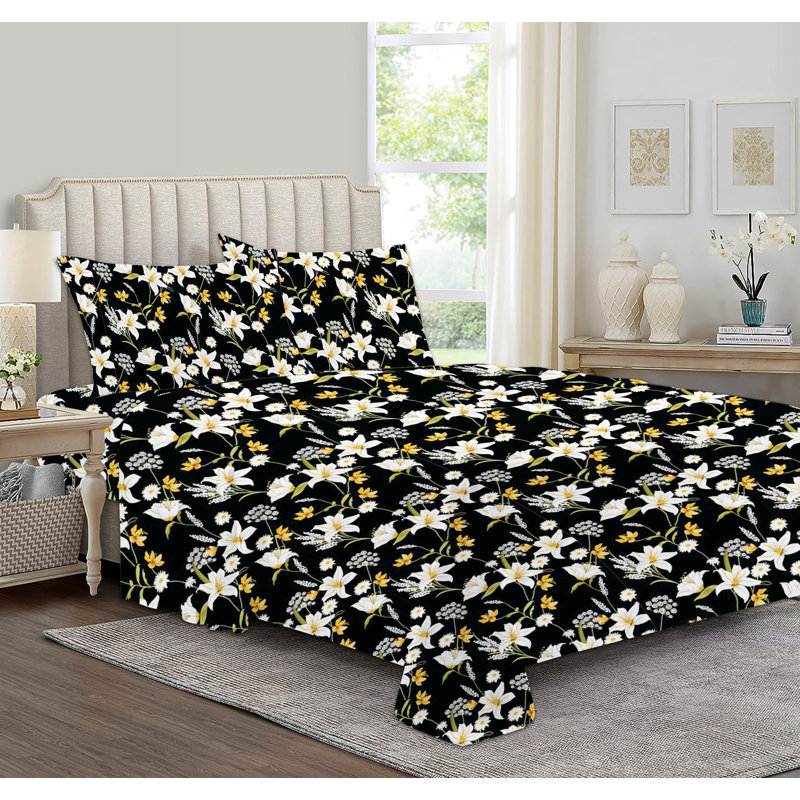 Microfiber Sheet Set, Queen Sheet Set with 2 Pillowcases, Black Floral