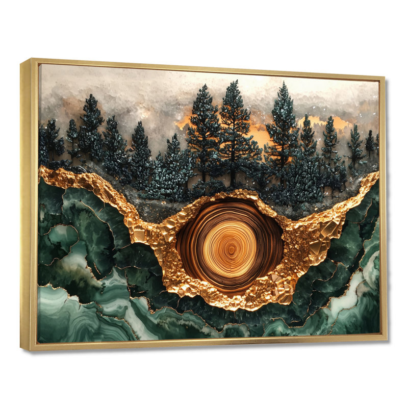 Paysage de forêt de pins Giahna sur l'horizon émeraude I - forêt, art mural, H 12 po x l 20 po, Doré, Floater Framed