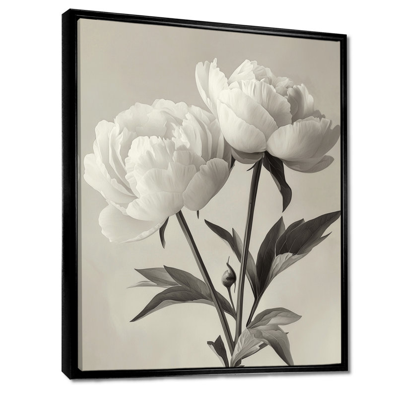 Monochromes de flocons de flocons II - art mural pivoines, H 40 po x l 30 po, Reproduction avec cadre flottant, Noir