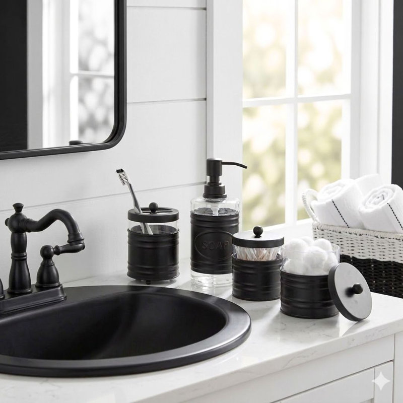 Ensemble d'accessoires de salle de bain rustique Farmhouse - ensemble de meuble-lavabo en métal 4 pièces avec distributeur de savon, porte-brosse à dents, pot en coton et porte-brosse