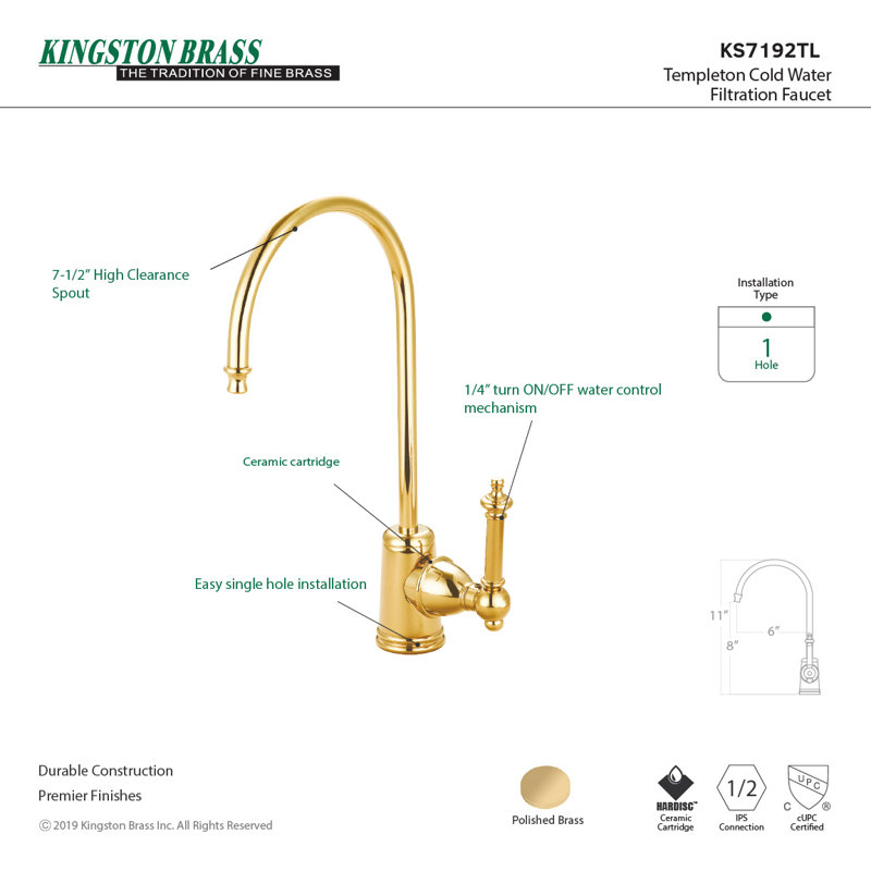 Robinet de filtration d'eau monocommande à 1 trou Kingston Brass Templeton, Laiton poli